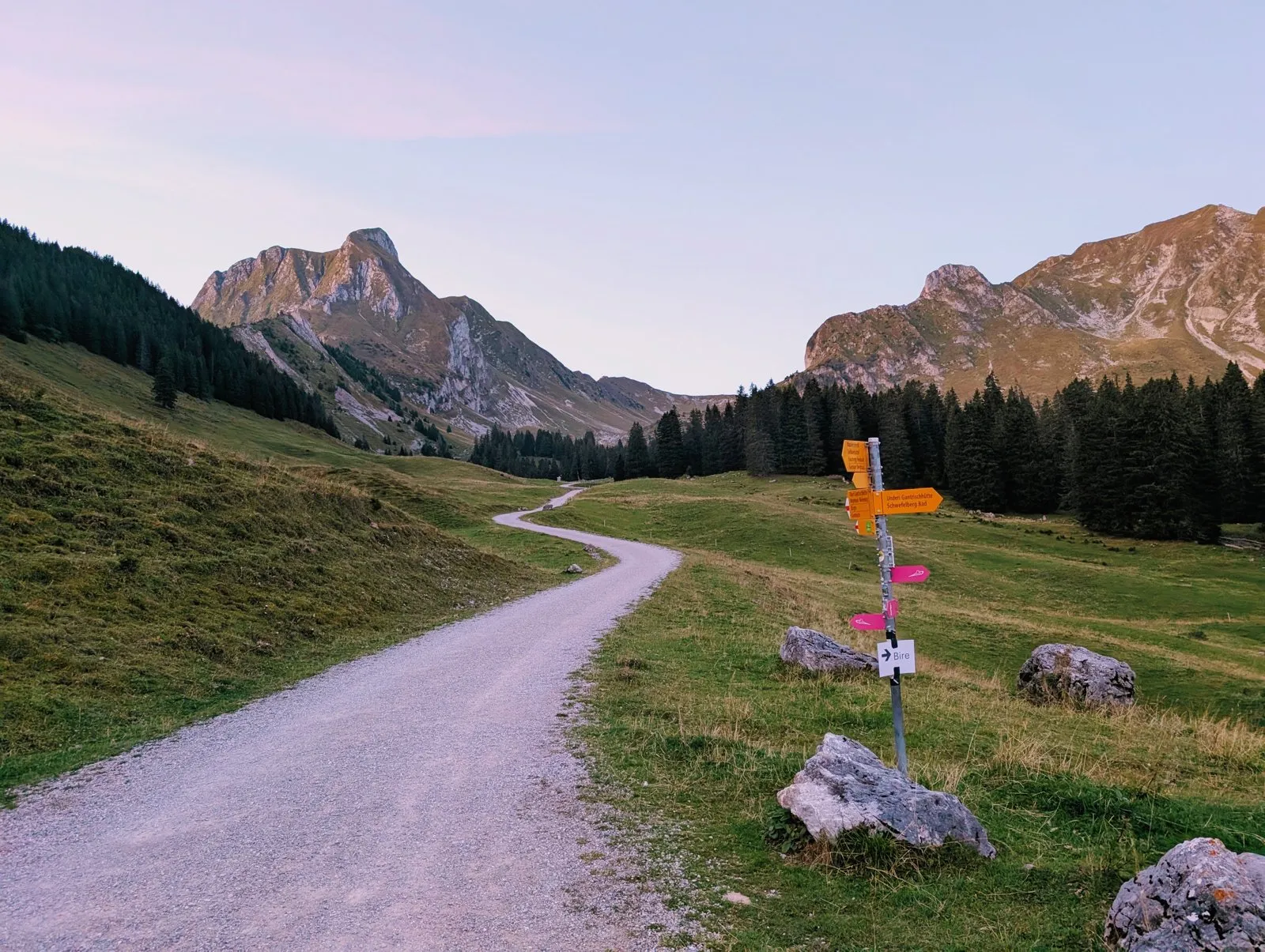 Wanderweg im Gantrischgebiet mit Wegweiser, im Hintergrund die Berge