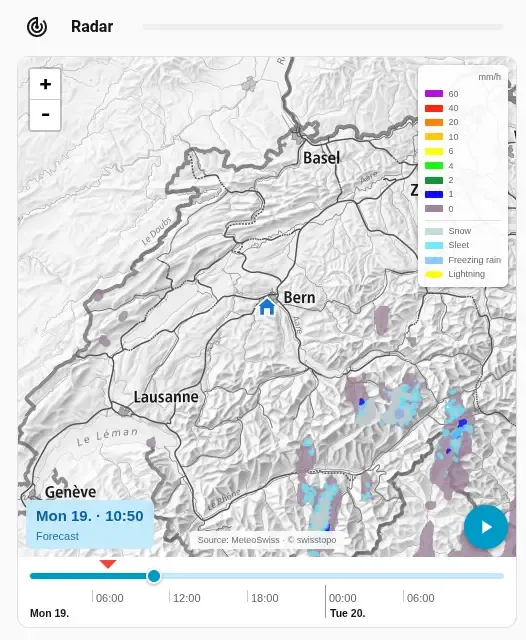 MeteoSwiss Radar als Karte auf dem Dashboard, mit Zeitleiste von der Messung zur Vorhersage